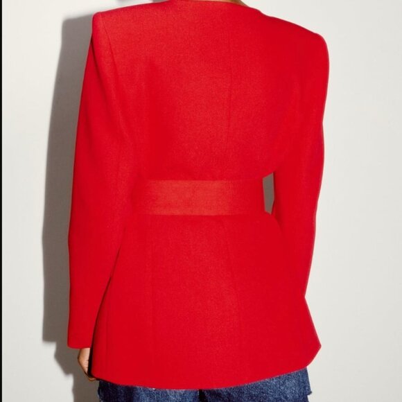 ZARA NEW WOMAN LONG BLAZER WITH LINED MATCHING BELT DRESS RED 2382/940 S - Picture 4 of 9